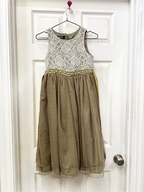DKNY Olive Green and Ivory Lace Girls Formal Dress